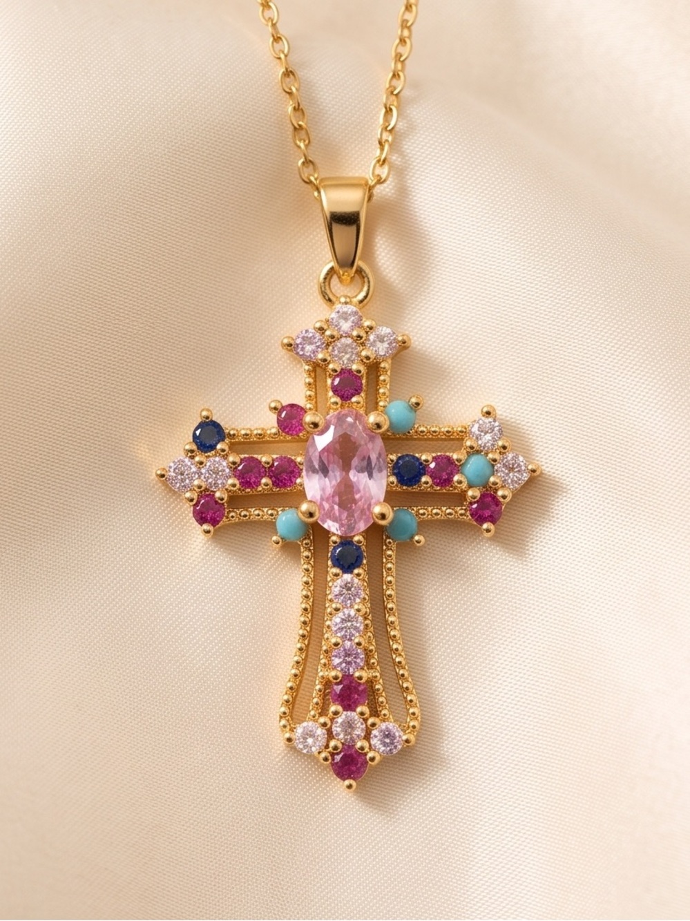 Gold Multicolor Cross Pendant Necklace - Pink Center Gem adjustable